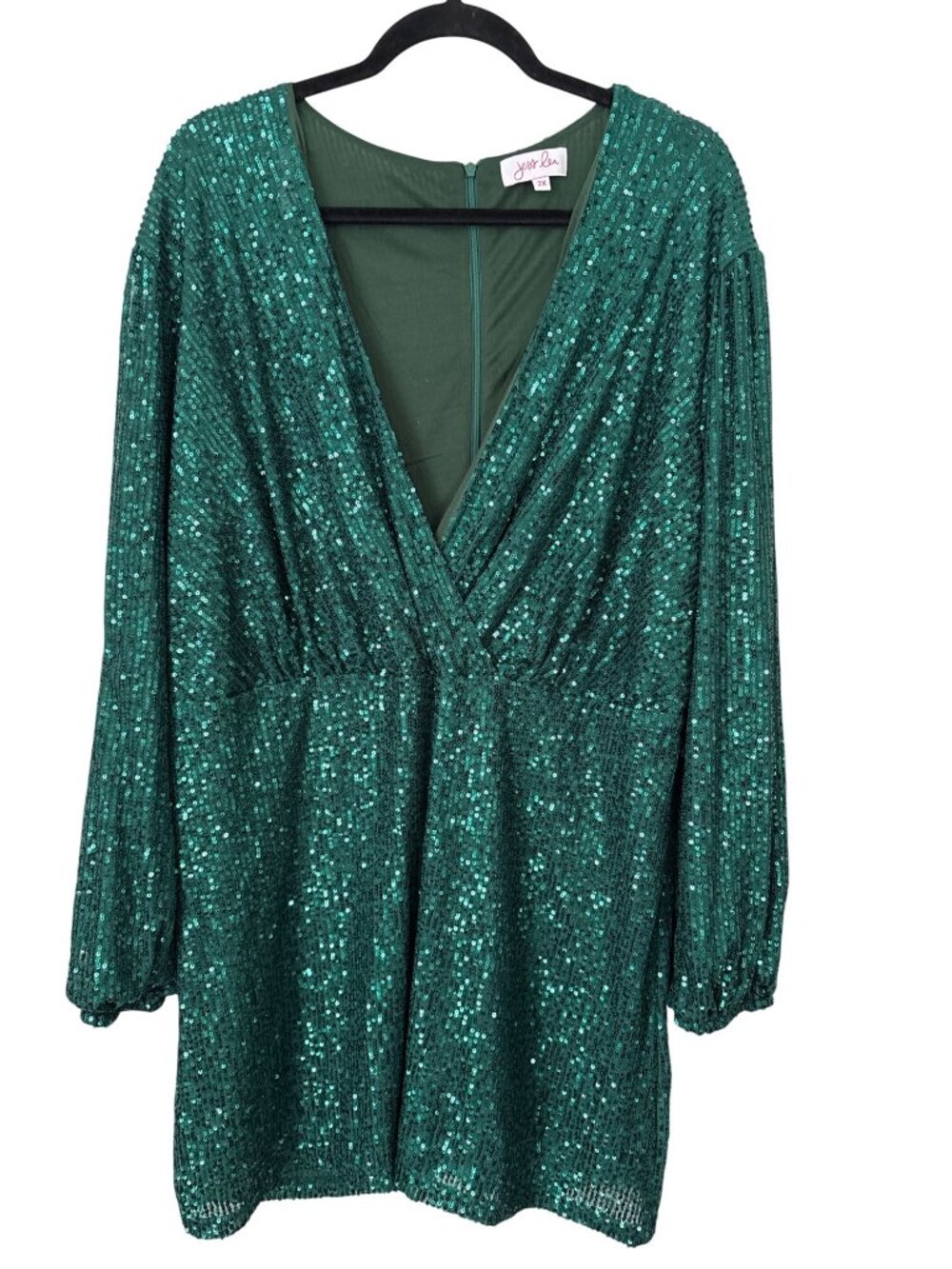 Jess Lea Dress Plus Size 2X Sequin Faux Wrap Long Sleeve Embellished Green Party